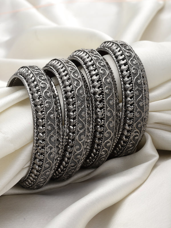 Set Of 4 Oxidised Silver-Plated Black Toned Intricate Textured Bangles Jewellery Set