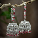 Rhodium Plated Silver Toned with Red & White American Diamond Jhumka Earrings