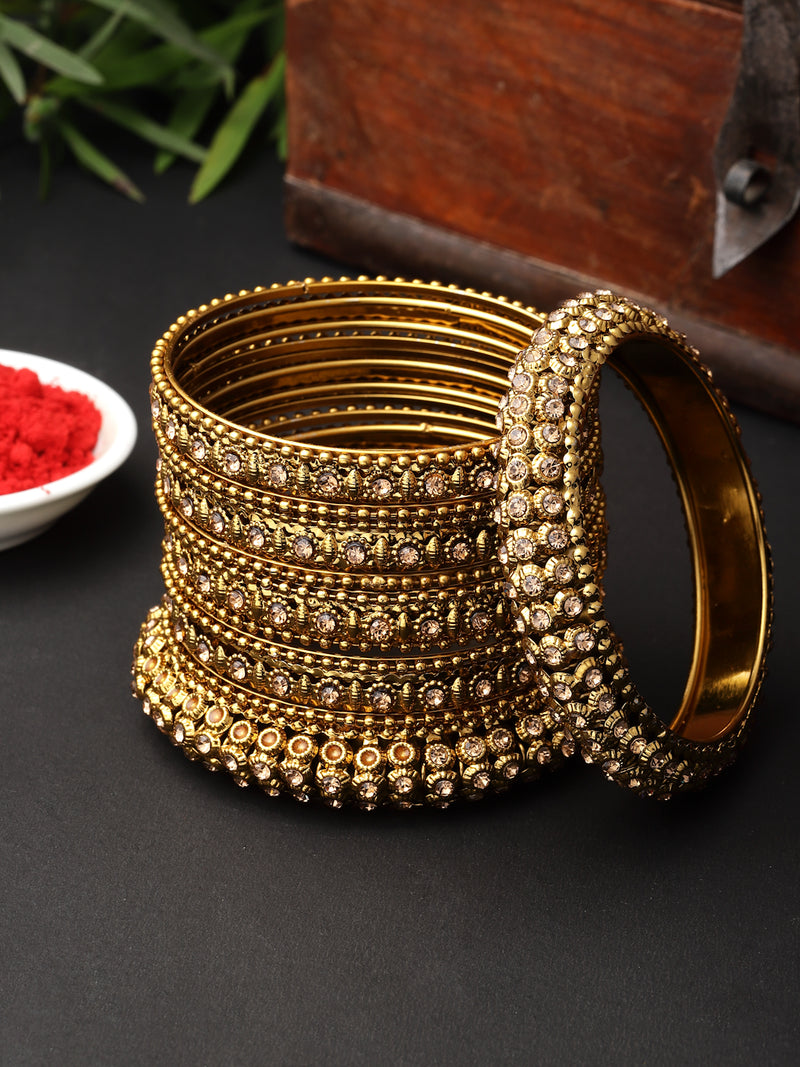 Gold-Plated Mehandi Toned White Artificial Stones studded Bangles Jewellery Set (Set Of 6)