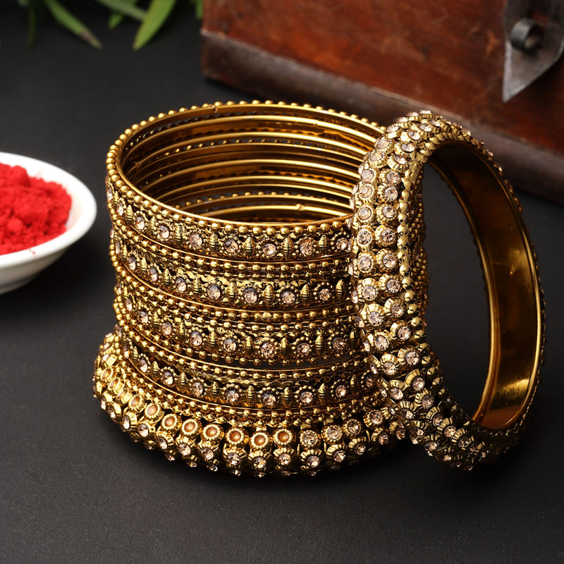 Gold-Plated Mehandi Toned White Artificial Stones studded Bangles Jewellery Set (Set Of 6)