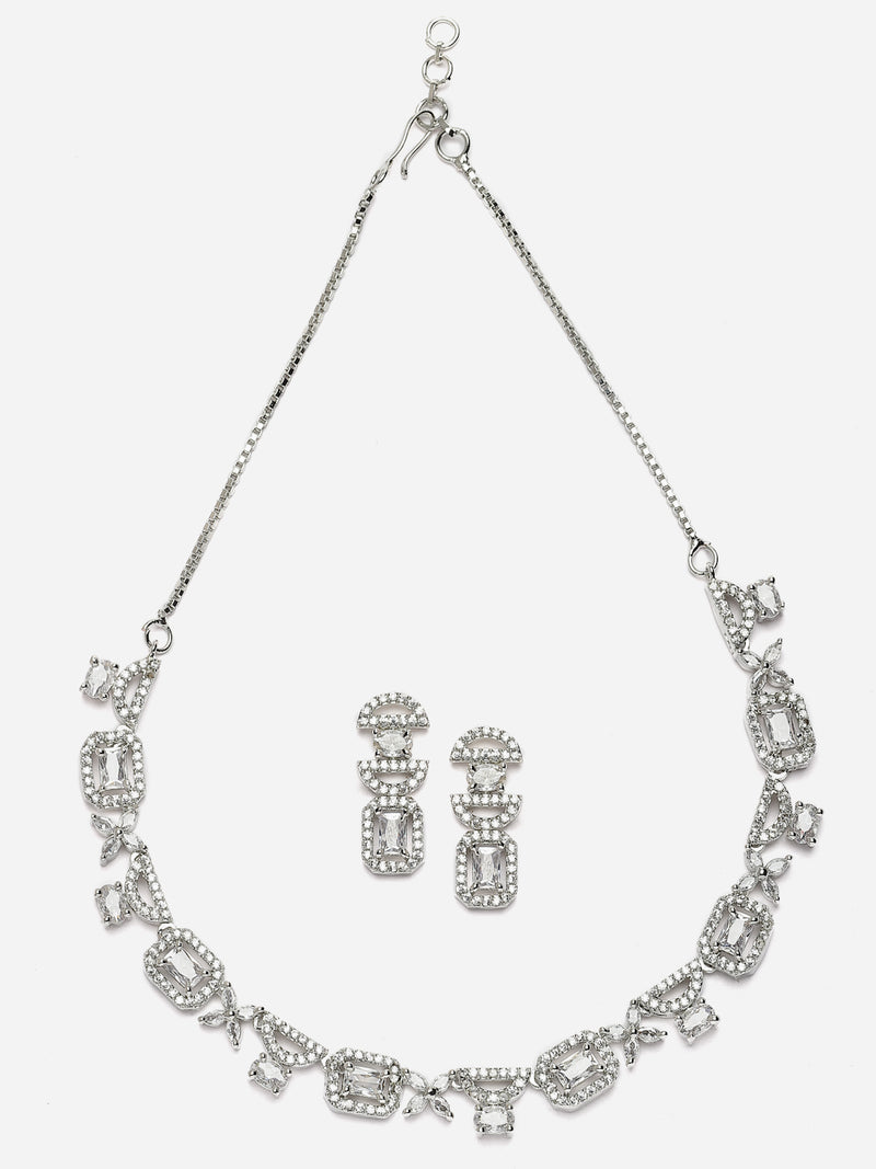 Rhodium-Plated White American Diamonds Studded Boxy Necklace & Earrings Jewellery Set