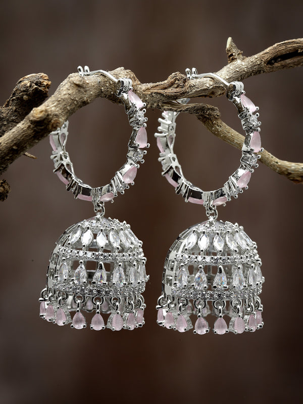 Rhodium Plated Silver Toned with Pink & White American Diamond Jhumka Earrings