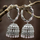 Rhodium Plated Silver Toned with Pink & White American Diamond Jhumka Earrings