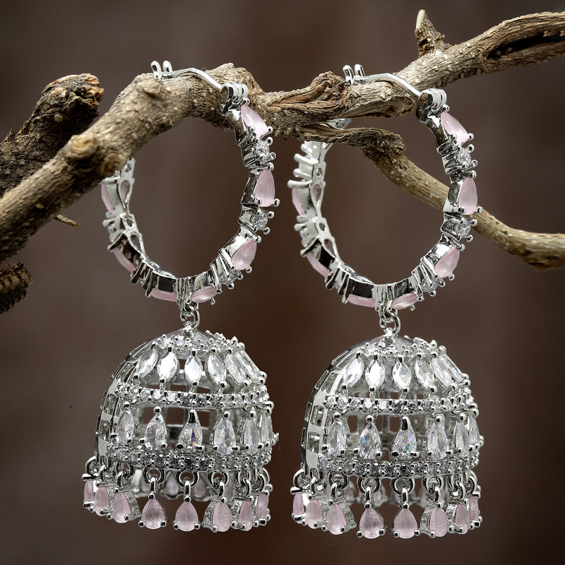 Rhodium Plated Silver Toned with Pink & White American Diamond Jhumka Earrings