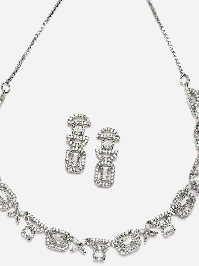 Rhodium-Plated White American Diamonds Studded Boxy Necklace & Earrings Jewellery Set