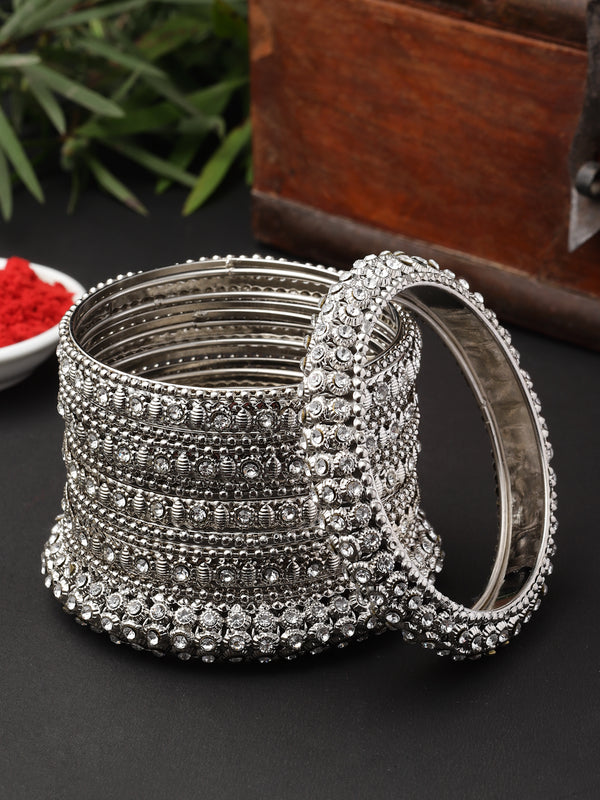 Oxidised Silver-Plated White Artificial Stones studded Bangles Jewellery Set (Set Of 6)