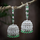 Rhodium Plated Silver Toned with Green & White American Diamond Jhumka Earrings