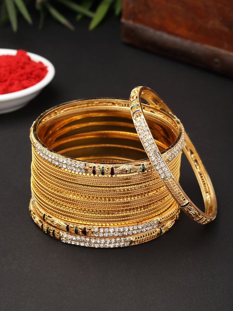 Gold-Plated White Crystal studded Classic Bangles Jewellery Set (Set Of 16)