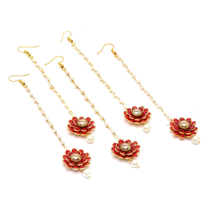 Gold Plated with Red Stones & Pearl Drop Traditional Maang Tikka Set Of 5