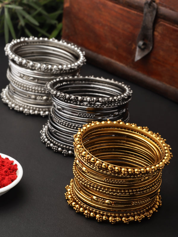 Gold, Silver & Black Toned Classic Intricate Textured Bangles Jewellery Set (Combo Of Set Of 3)