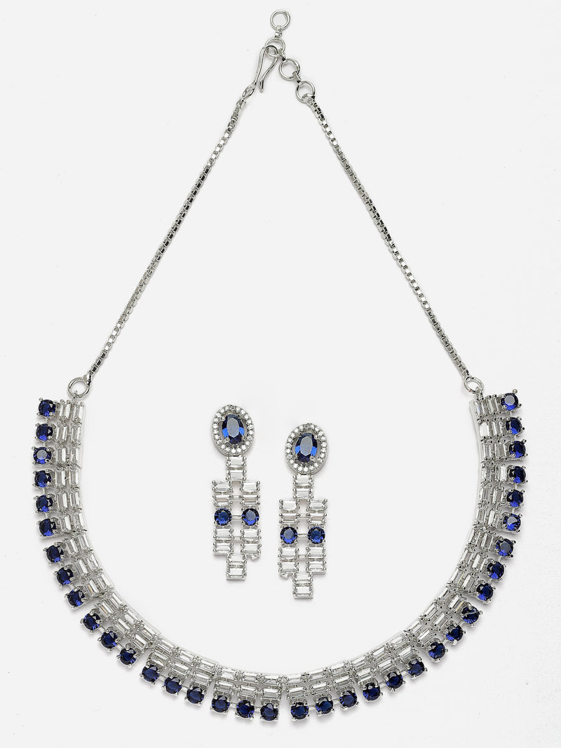 Rhodium-Plated Navy Blue Round Shape American Diamonds Studded Necklace & Earrings