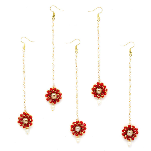 Gold Plated with Red Stones & Pearl Drop Traditional Maang Tikka Set Of 5