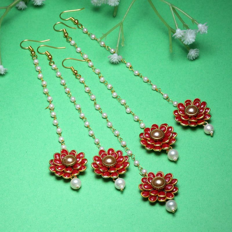 Gold Plated with Red Stones & Pearl Drop Traditional Maang Tikka Set Of 5