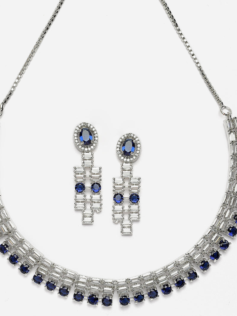 Rhodium-Plated Navy Blue Round Shape American Diamonds Studded Necklace & Earrings