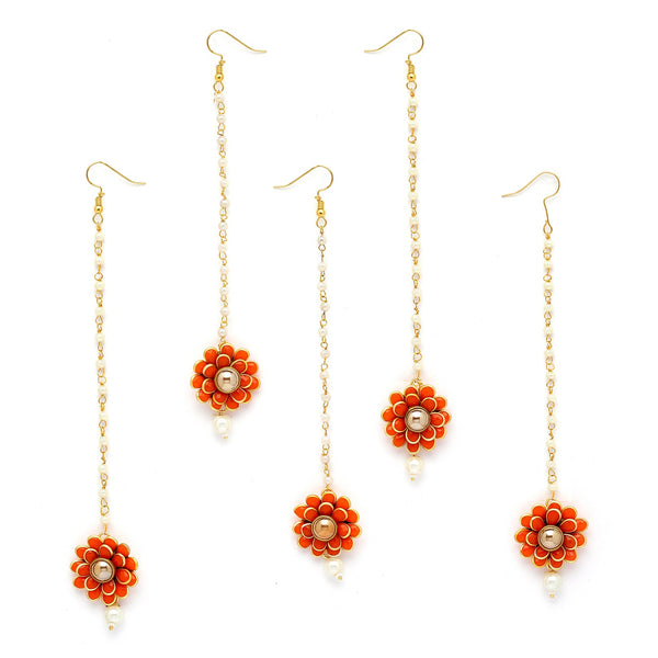 Gold Plated with Orange Stones & Pearl Drop Traditional Maang Tikka Set Of 5