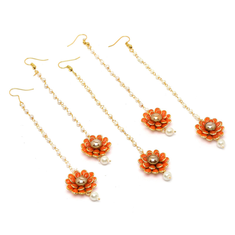 Gold Plated with Orange Stones & Pearl Drop Traditional Maang Tikka Set Of 5