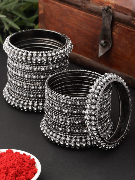 Oxidised Silver-Plated Black Toned White Artificial Stones studded Bangles Jewellery Set (Set Of 6)