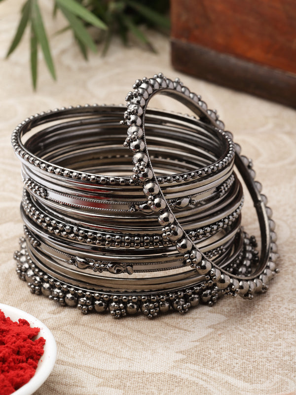 Oxidised Silver-Plated Black Toned Classic Textured Bangles Jewellery Set (Set Of 20)