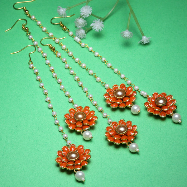 Gold Plated with Orange Stones & Pearl Drop Traditional Maang Tikka Set Of 5