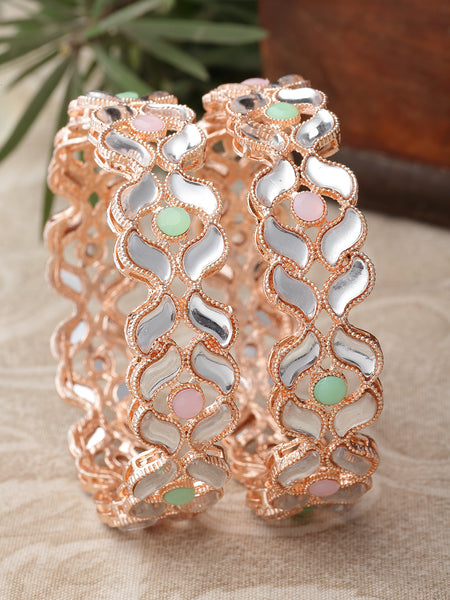 Rose Gold Plated Set Of 2  Traditional Kundan Studded Floral Design Bangle Set
