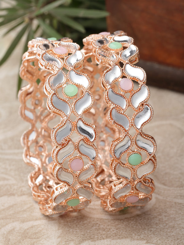 Rose Gold Plated Set Of 2  Traditional Kundan Studded Floral Design Bangle Set