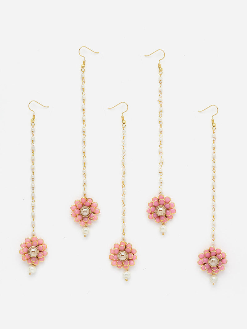 Zeneme Gold Plated with Pink Stones & Pearl Drop Traditional Maang Tikka Set Of 5