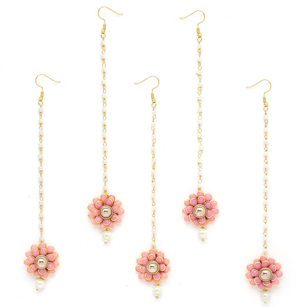 Zeneme Gold Plated with Pink Stones & Pearl Drop Traditional Maang Tikka Set Of 5