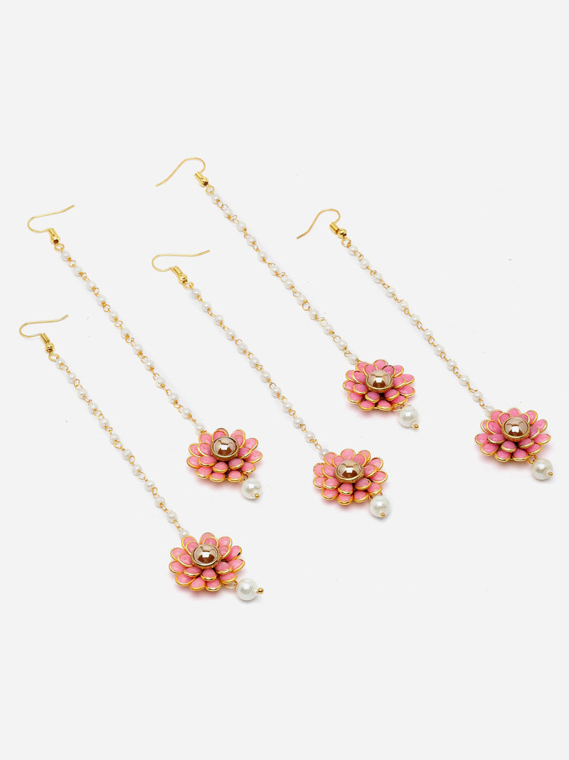 Zeneme Gold Plated with Pink Stones & Pearl Drop Traditional Maang Tikka Set Of 5