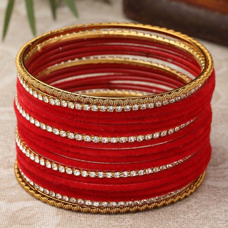 Gold-Plated Red Matte Finish Velvet White American Diamonds Studded Bangles Set Of 36