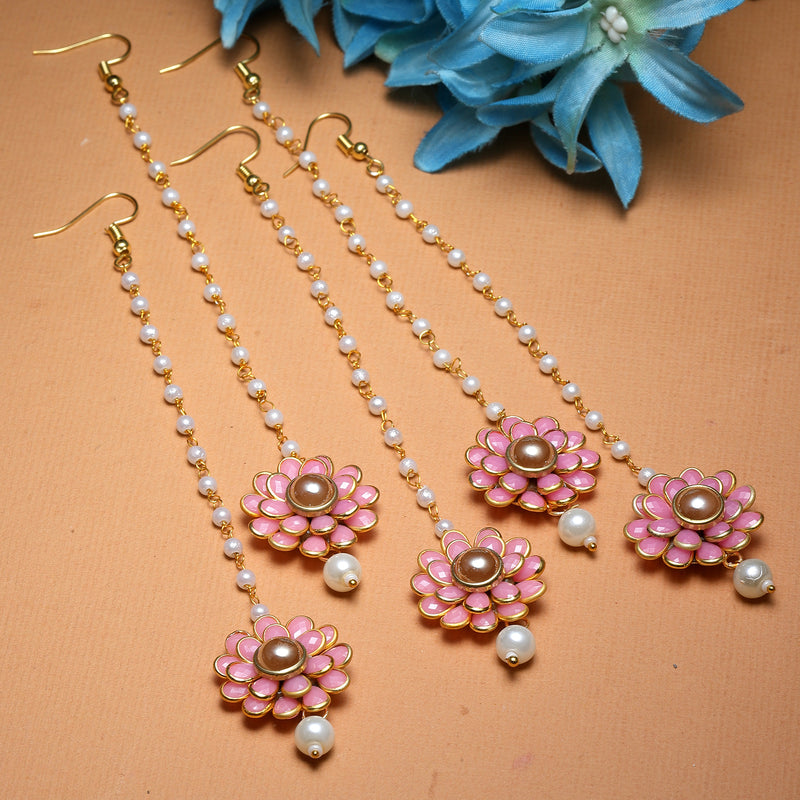 Zeneme Gold Plated with Pink Stones & Pearl Drop Traditional Maang Tikka Set Of 5