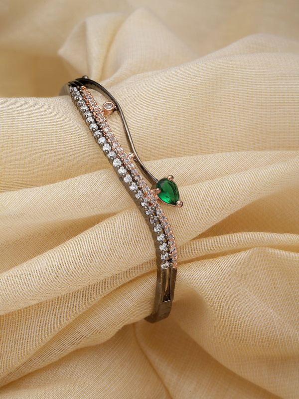 Rose Gold-Plated Gunmetal Toned Green American Diamond Studded Kada Bracelet