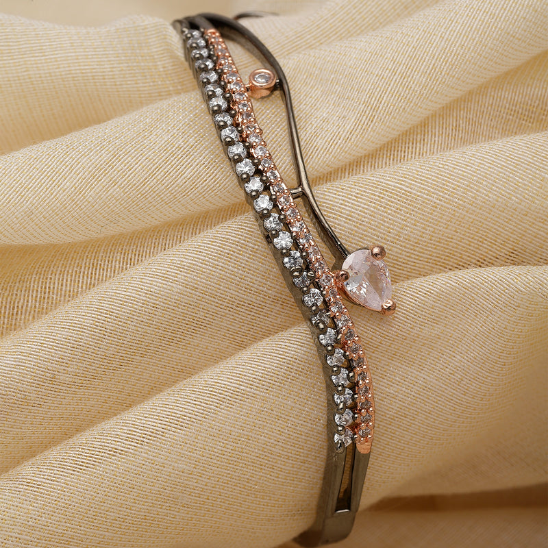 Rose Gold-Plated Black Toned Pink American Diamond Studded Kada Bracelet