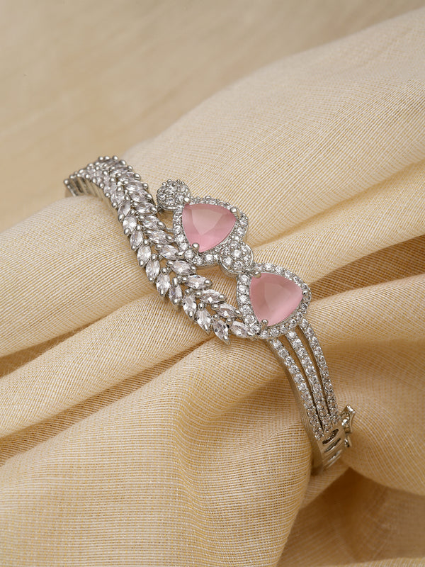Rhodium-Plated Pink American Diamond Studded Teardrop & Leaf Shaped Kada Bracelet