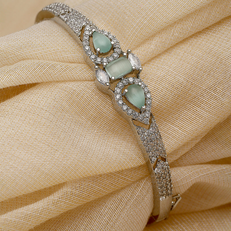 Rhodium-Plated Silver Toned Teardrop & Square Shaped Sea Green American Diamond Studded Bracelet