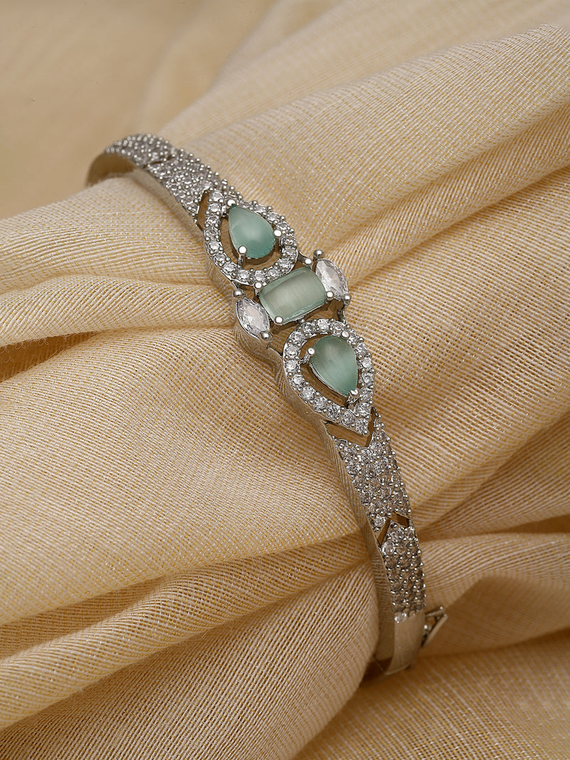 Rhodium-Plated Sea Green Teardrop & Square Shape American Diamond Studded Kada Bracelet
