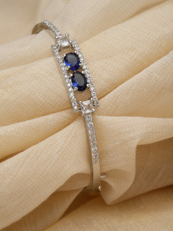 Rhodium-Plated Silver Toned Navy Blue American Diamond Studded Kada Bracelet