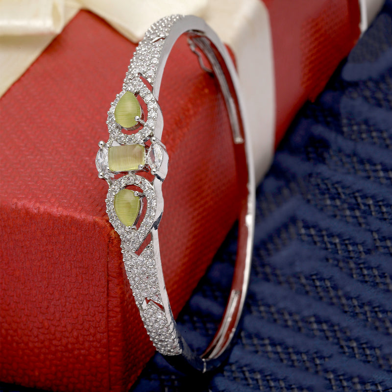 Rhodium-Plated Silver Toned Teardrop & Square Shaped Light Green American Diamond Studded Bracelet