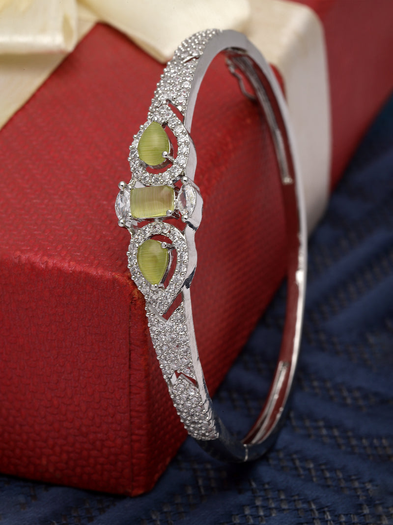 Rhodium-Plated Lime Green Teardrop & Square Shape American Diamond Studded Kada Bracelet