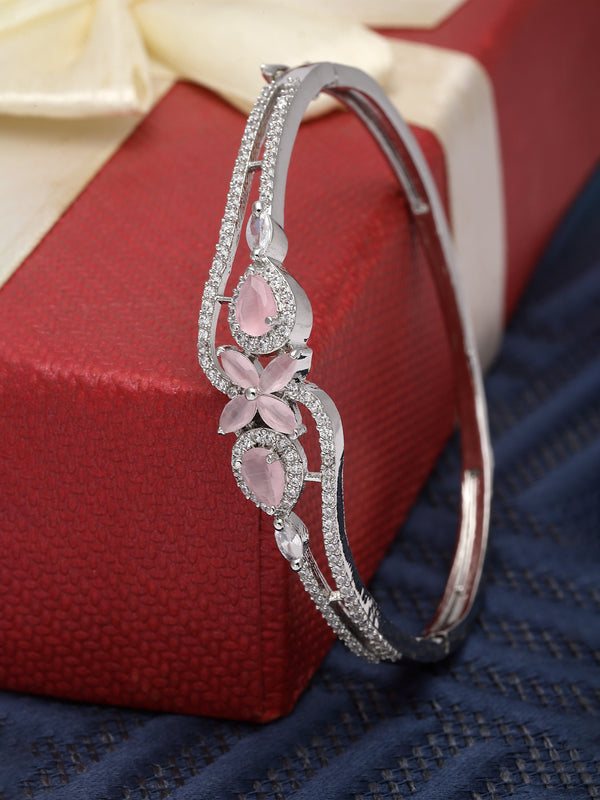 Rhodium-Plated Silver Toned Pink American Diamond Studded Kada Bracelet