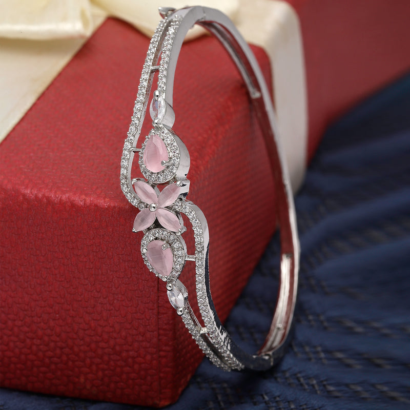 Rhodium-Plated Silver Toned Flower Pink American Diamond Studded Bracelet
