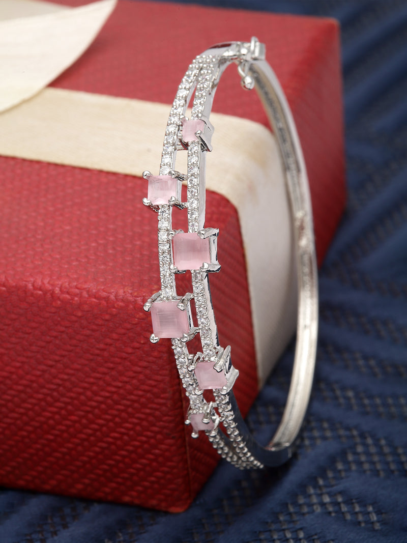 Rhodium-Plated Silver Toned Pink American Diamond Studded Kada Bracelet