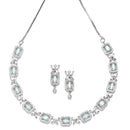 Rhodium-Plated Sea Green American Diamonds Studded Cubical Necklace & Earrings Jewellery Set