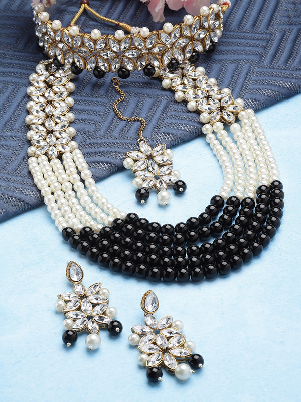 Gold-Plated Black & White Beaded Floral Kundan Studded Layered Jewellery Set