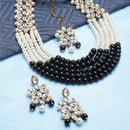 Gold-Plated Black & White Beaded Floral Kundan Studded Layered Jewellery Set