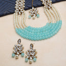 Gold-Plated Sky Blue & White Beaded Floral Kundan Studded Layered Jewellery Set