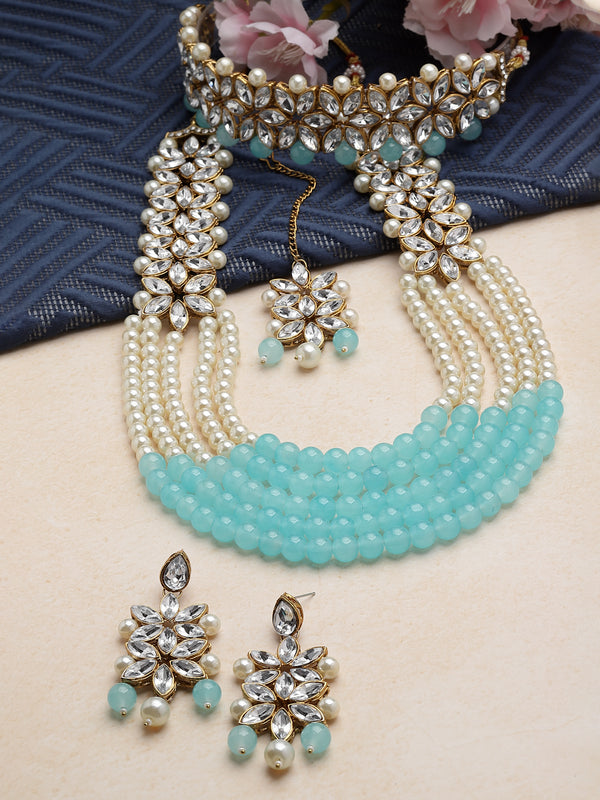 Gold-Plated Sky Blue & White Beaded Floral Kundan Studded Layered Jewellery Set
