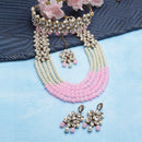 Gold-Plated Pink & White Beaded Floral Kundan Studded Layered Jewellery Set