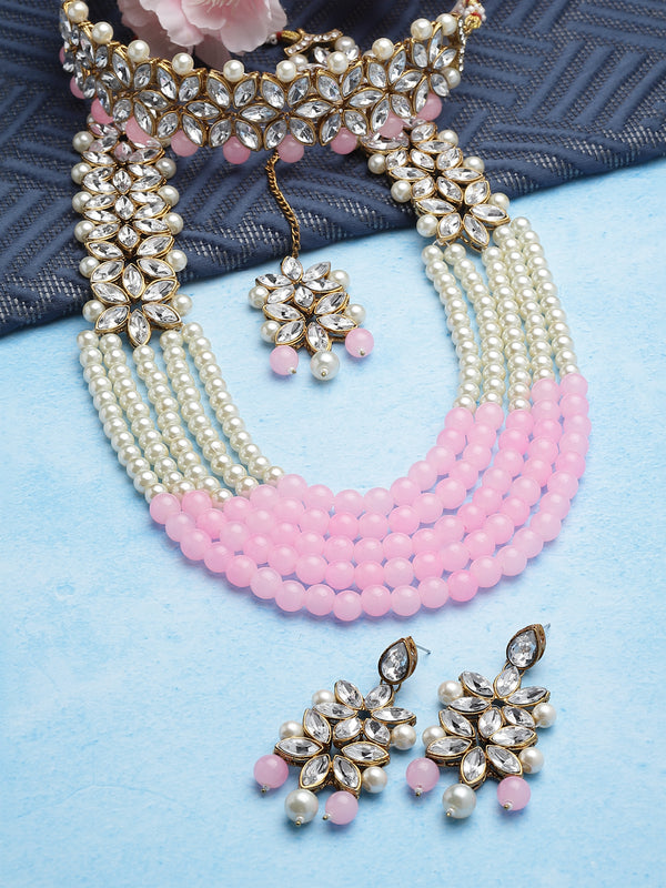 Gold-Plated Pink & White Beaded Floral Kundan Studded Layered Jewellery Set