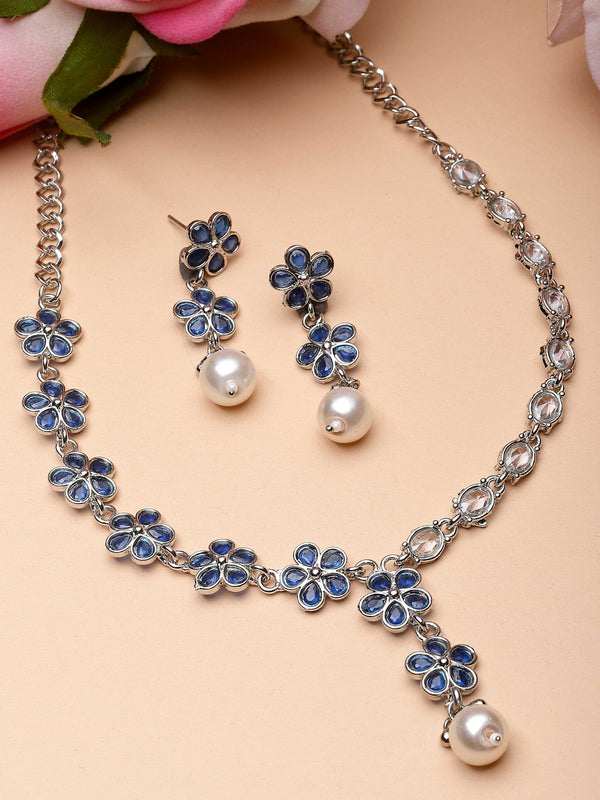 Rhodium-Plated Navy Blue American Diamond & White Pearl Studded Floral Necklace & Earrings Jewellery Set