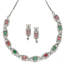 Rhodium-Plated Red & Green American Diamonds Studded Cubical Necklace & Earrings Jewellery Set